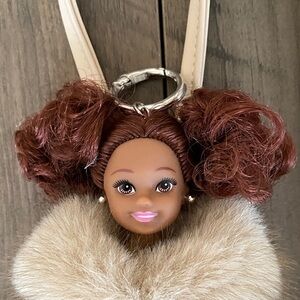 Barbie  Doll  bag charm , key chain wearing Faux Fur coat with purse